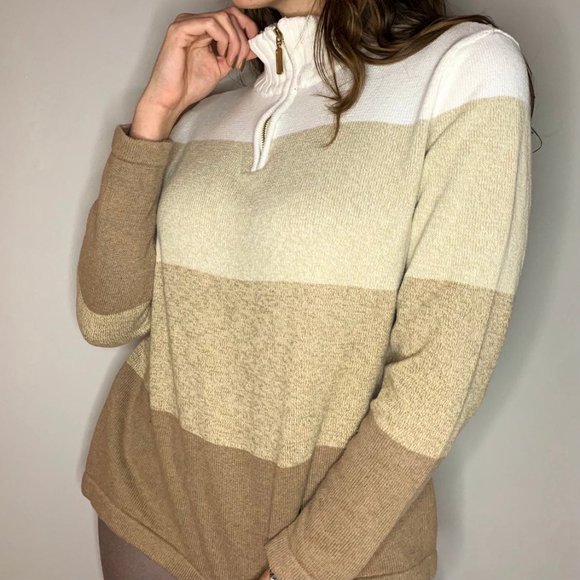 Striped Cotton 1/4-Zip Sweater Ombre Sz Large Tan - Picture 8 of 10